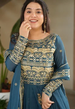 Embroidered Georgette Silk Abaya Style Suit in Teal Blue