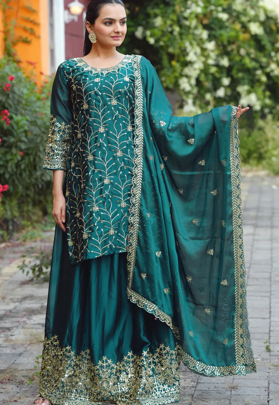 Embroidered Georgette Silk Lehenga in Teal Green
