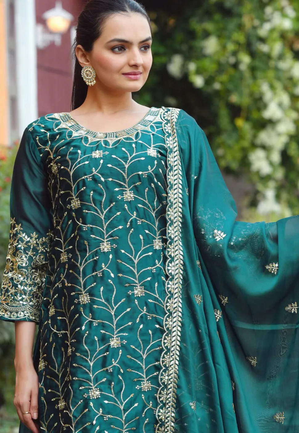 Embroidered Georgette Silk Lehenga in Teal Green