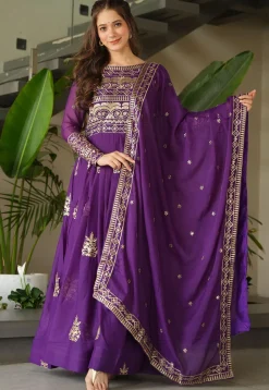 Embroidered Georgette Silk Abaya Style Suit in Purple