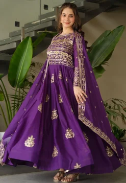 Embroidered Georgette Silk Abaya Style Suit in Purple