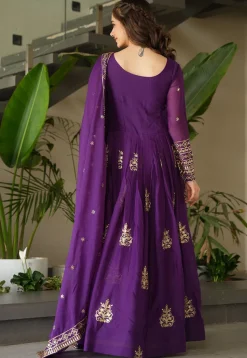 Embroidered Georgette Silk Abaya Style Suit in Purple