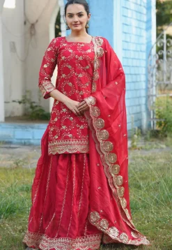 Embroidered Georgette Silk Lehenga in Red