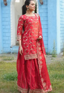 Embroidered Georgette Silk Lehenga in Red