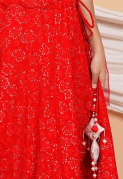 Embroidered Georgette Skirt in Red