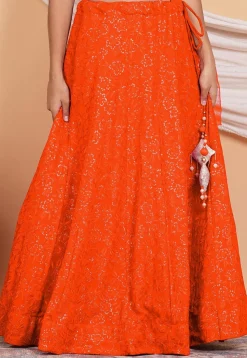 Embroidered Georgette Skirt in Orange
