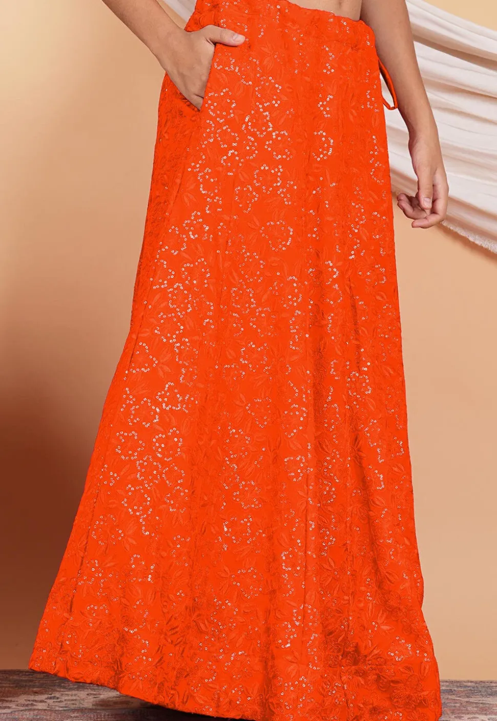 Embroidered Georgette Skirt in Orange