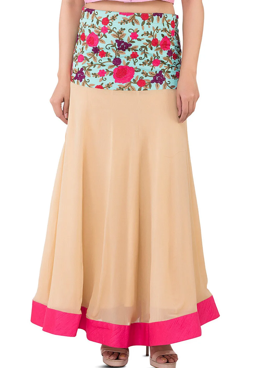 Embroidered Georgette Skirt in Beige
