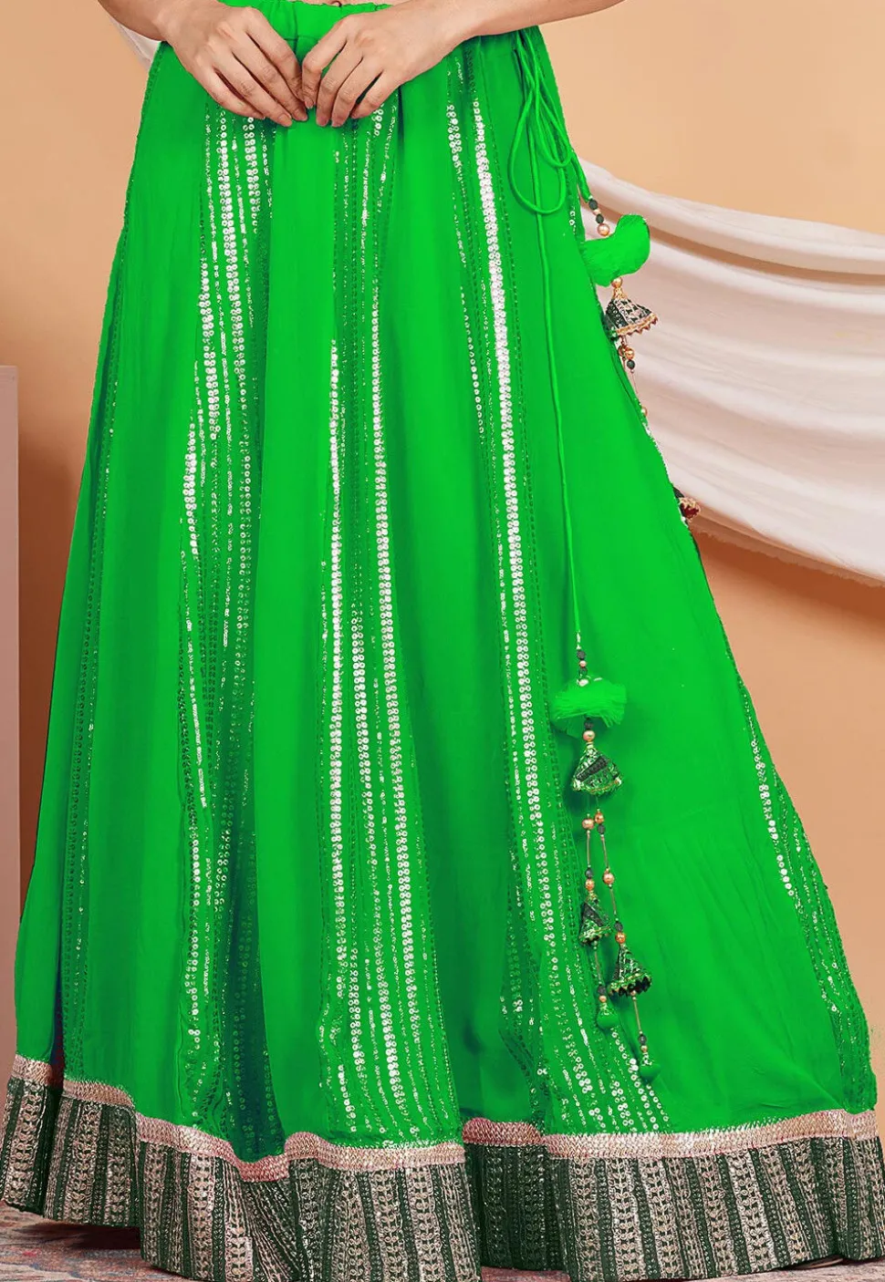 Embroidered Georgette Skirt in Green