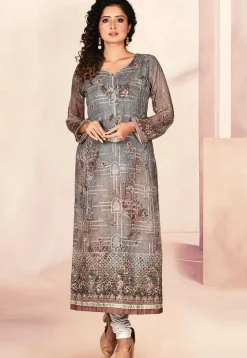 Embroidered Georgette Staright Kurta in Grey