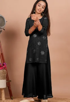 Embroidered Georgette Straight Kurta set in Black