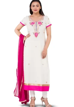 Embroidered Georgette Straight Suit in Off White