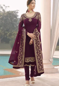 Embroidered Georgette Straight Suit in Wine