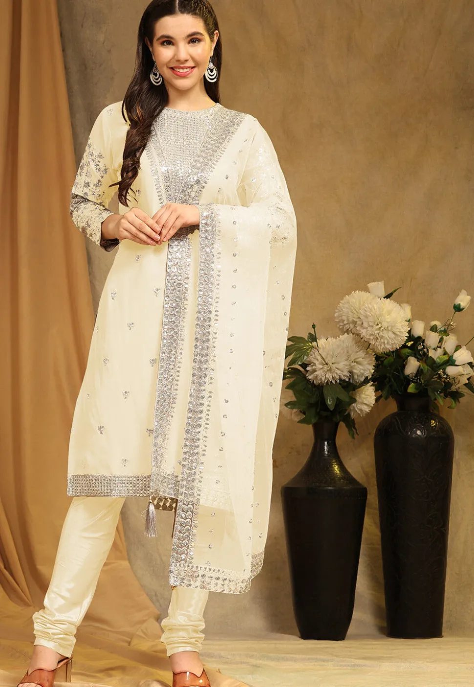 Embroidered Georgette Straight Suit in Cream