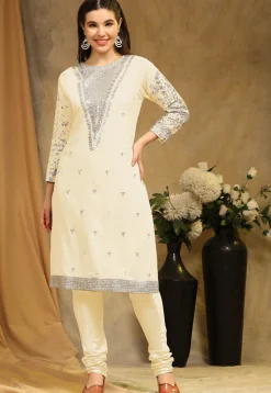 Embroidered Georgette Straight Suit in Cream