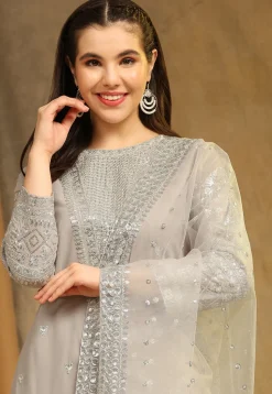 Embroidered Georgette Straight Suit in Light Grey