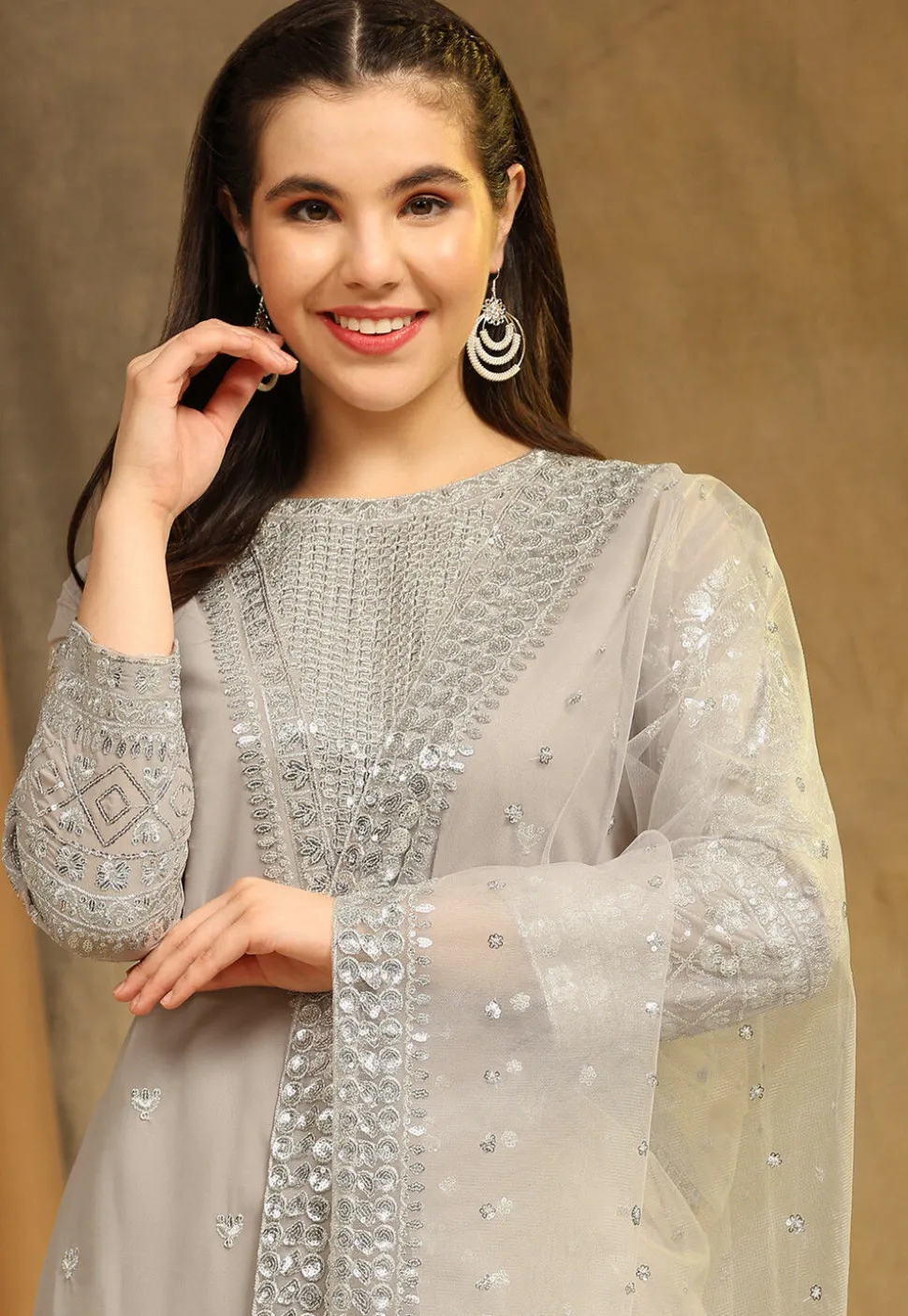 Embroidered Georgette Straight Suit in Light Grey