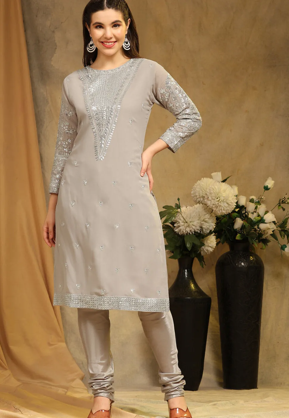 Embroidered Georgette Straight Suit in Light Grey
