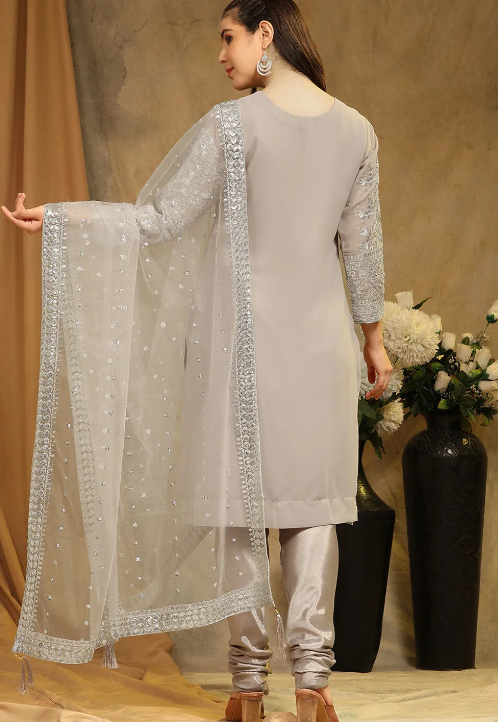 Embroidered Georgette Straight Suit in Light Grey