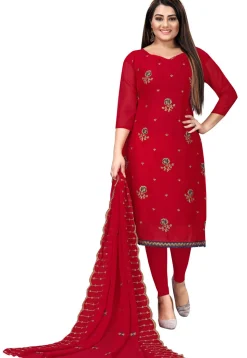 Embroidered Georgette Straight Suit in Red