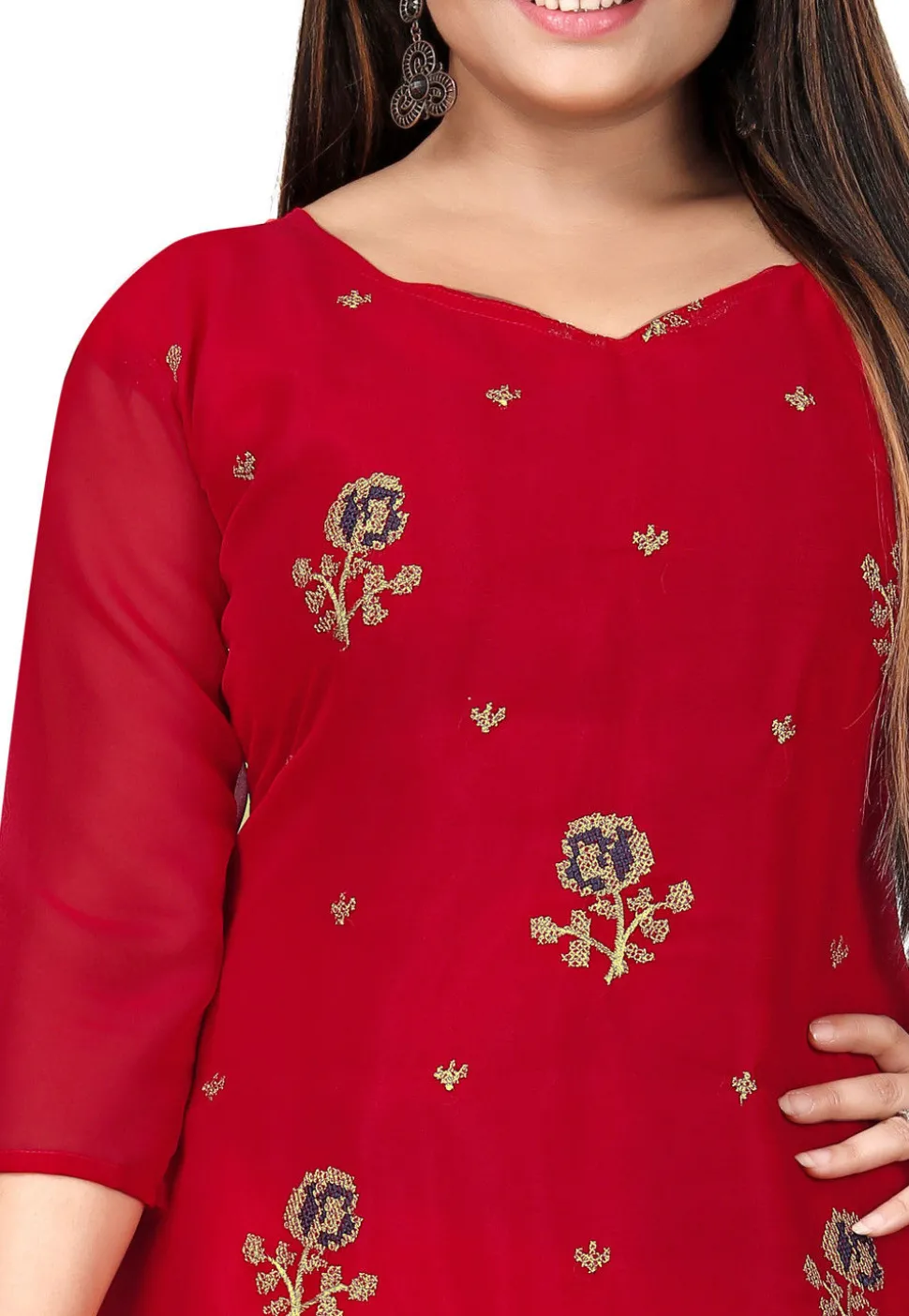 Embroidered Georgette Straight Suit in Red
