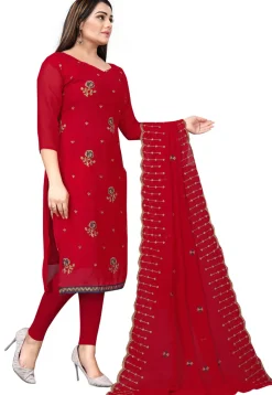 Embroidered Georgette Straight Suit in Red
