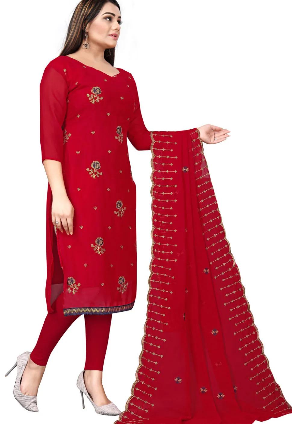 Embroidered Georgette Straight Suit in Red