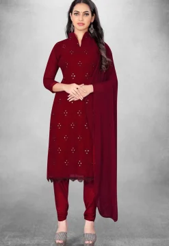 Embroidered Georgette Straight Suit in Maroon