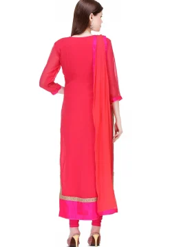 Embroidered Georgette Straight Cut Suit in Fuchsia