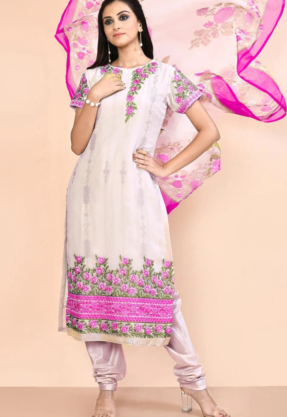 Embroidered Georgette Straight Suit in Light Beige