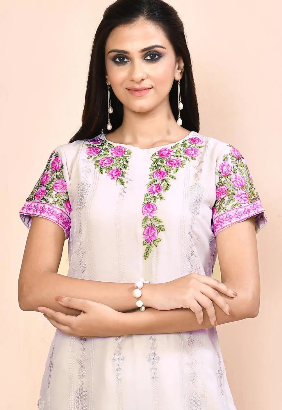 Embroidered Georgette Straight Suit in Light Beige