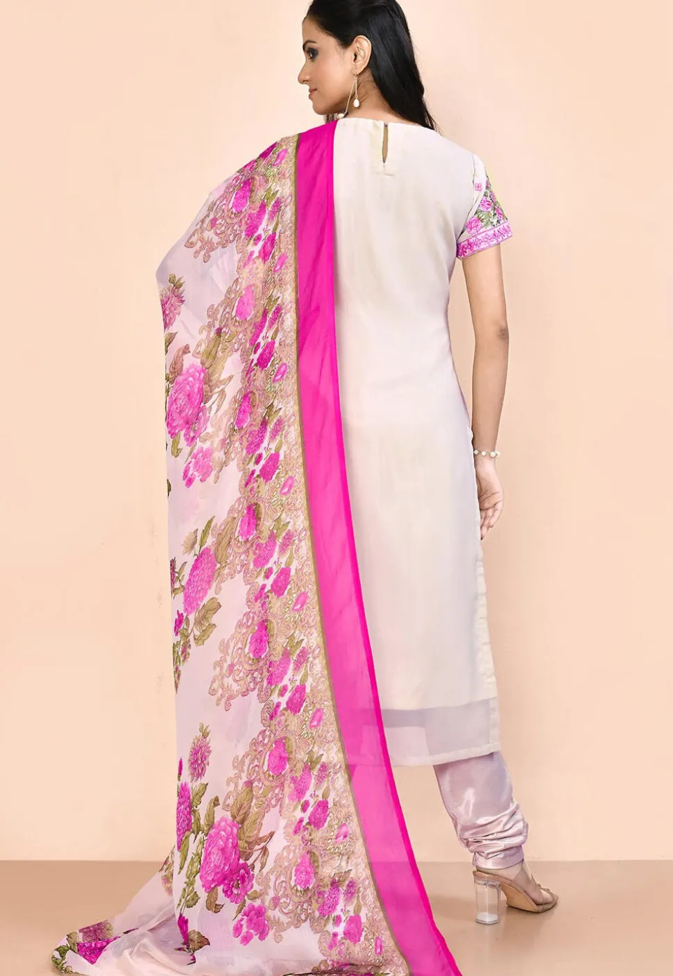 Embroidered Georgette Straight Suit in Light Beige