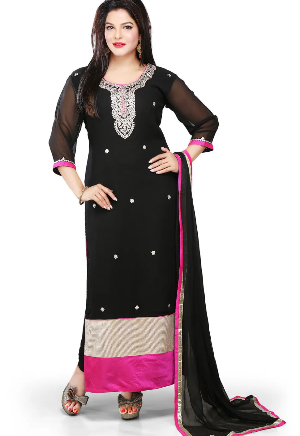 Embroidered Georgette Straight Cut Suit in Black