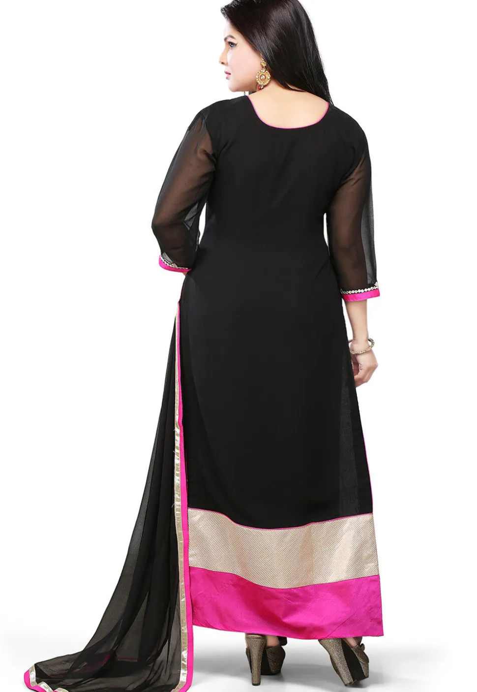 Embroidered Georgette Straight Cut Suit in Black