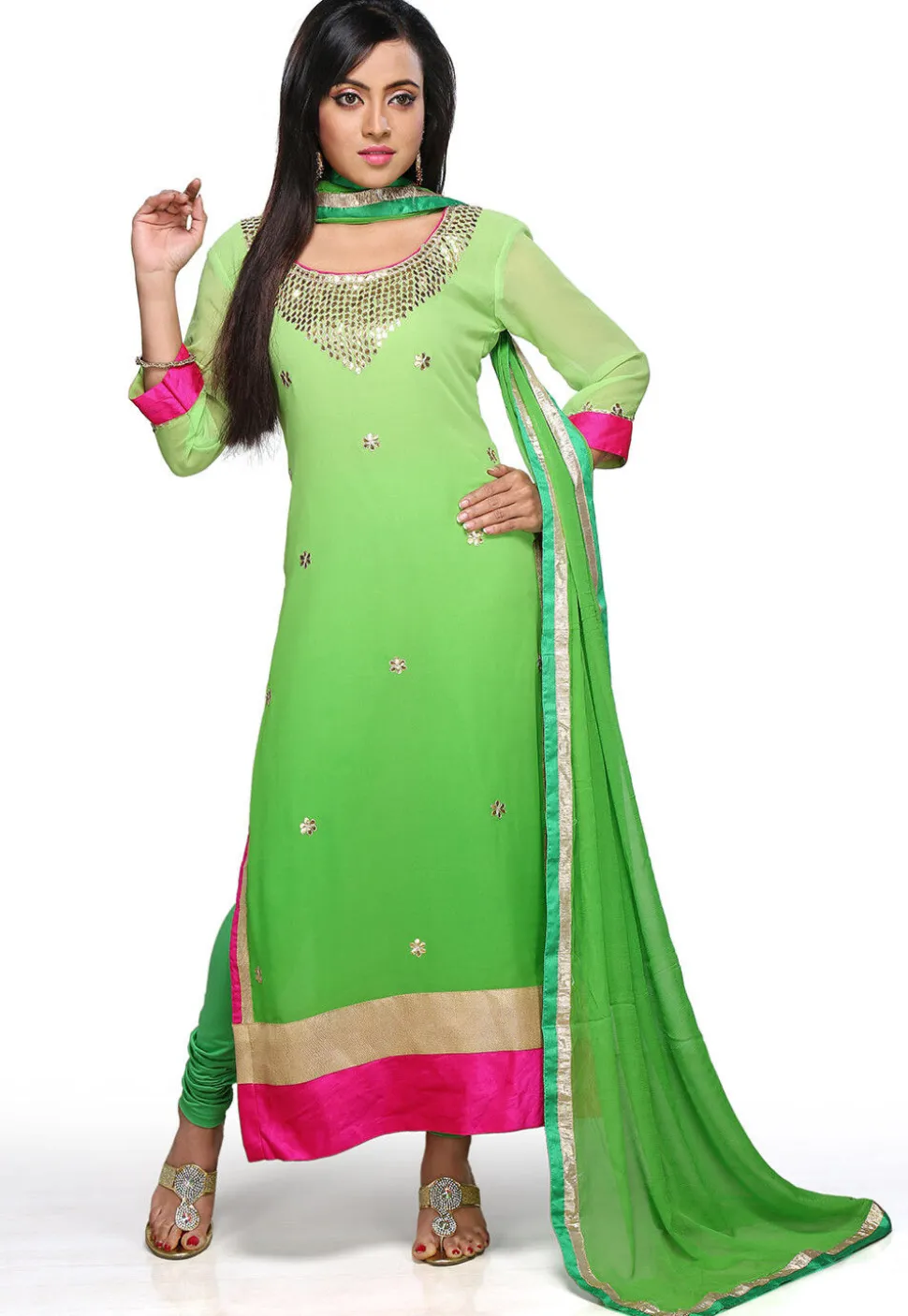 Embroidered Georgette Straight Suit in Shaded Green