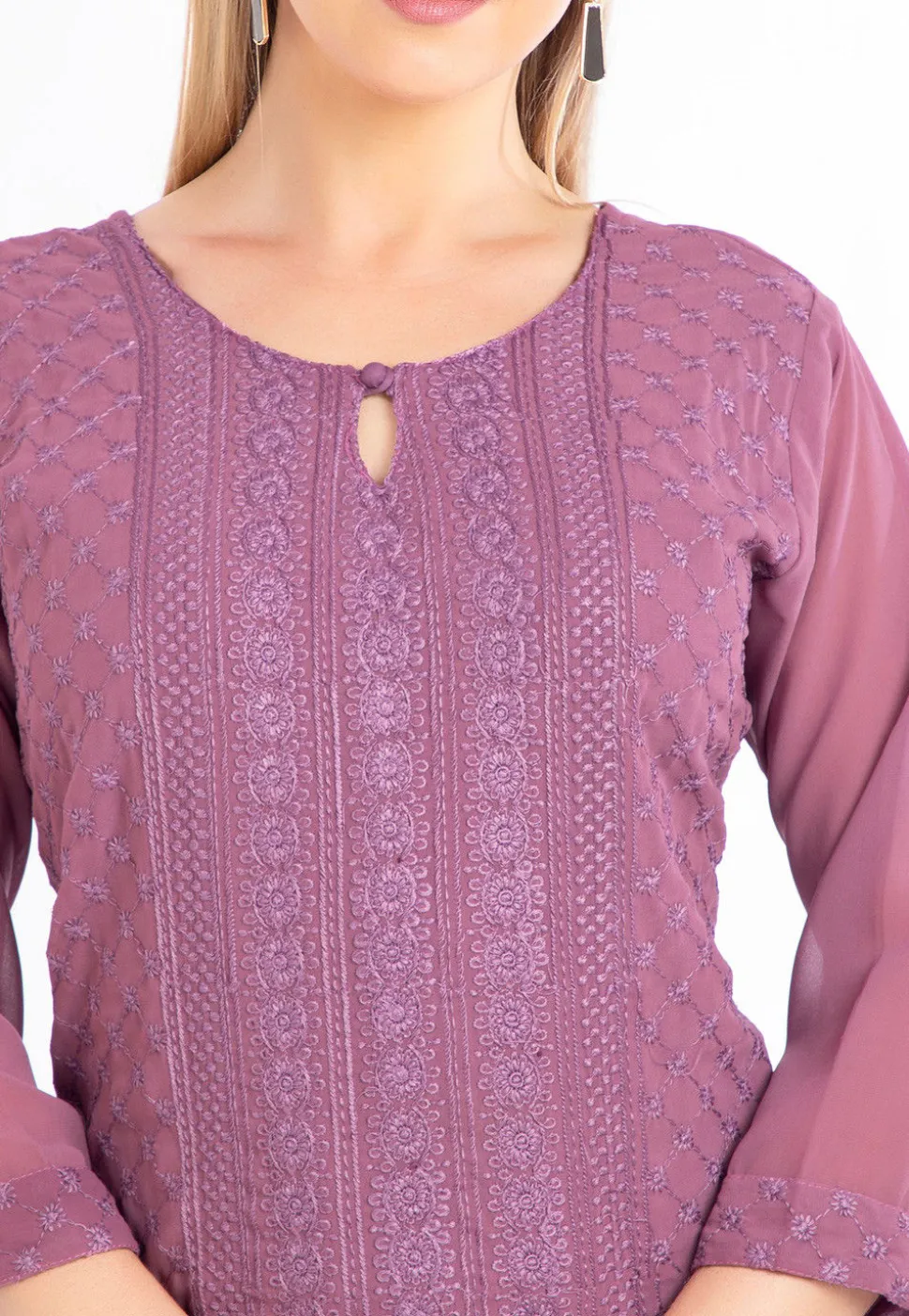 Embroidered Georgette Straight Kurta in Light Purple
