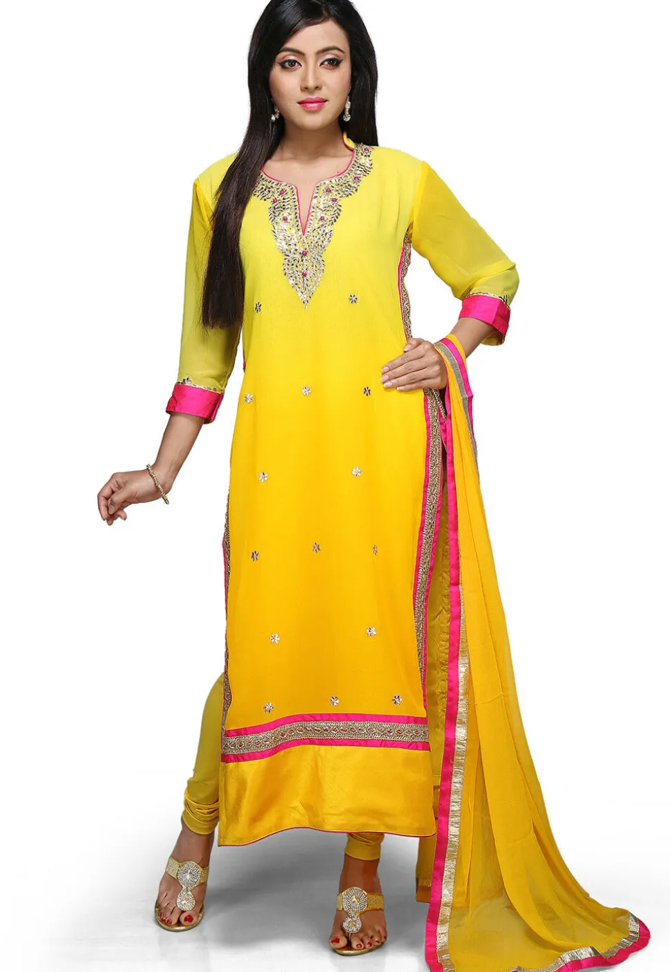 Embroidered Georgette Straight Suit in Shaded Yellow