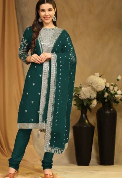 Embroidered Georgette Straight Suit in Teal Green