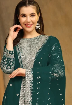 Embroidered Georgette Straight Suit in Teal Green