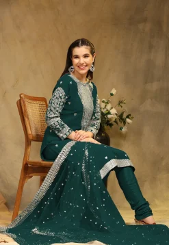 Embroidered Georgette Straight Suit in Teal Green