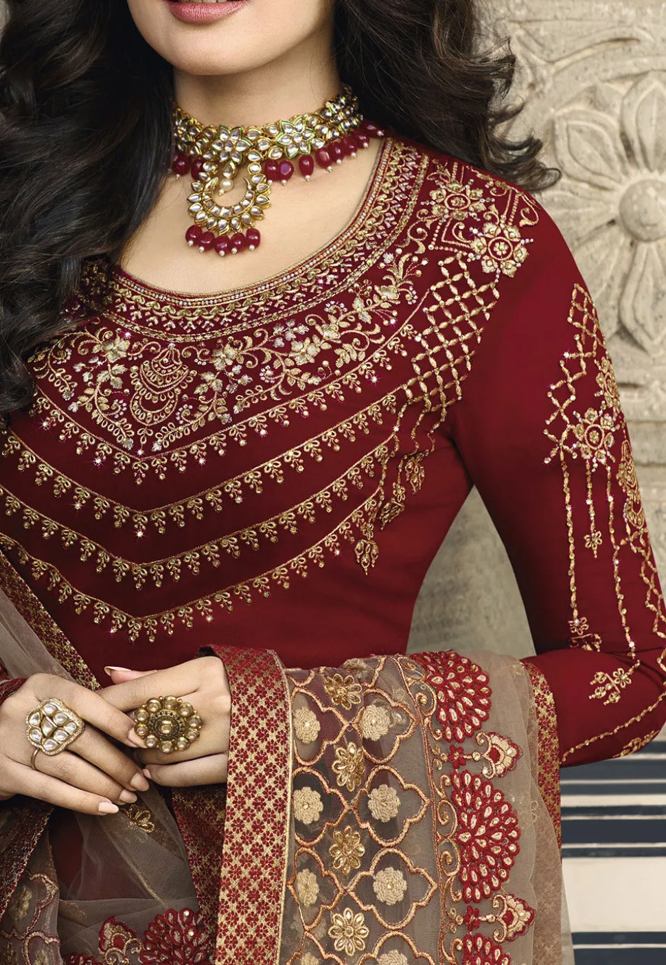 Embroidered Georgette Straight Suit in Maroon