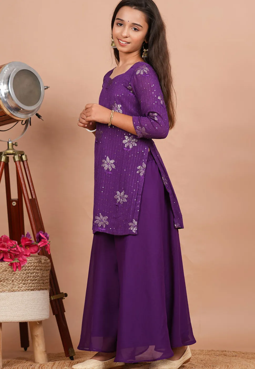 Embroidered Georgette Straight Kurta in Purple
