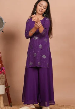 Embroidered Georgette Straight Kurta in Purple