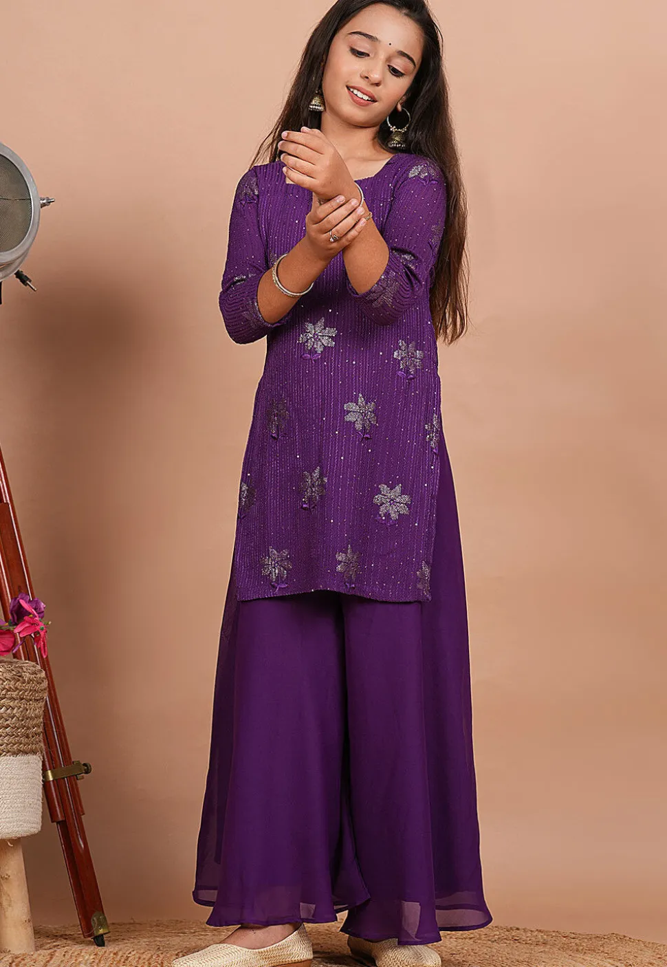Embroidered Georgette Straight Kurta in Purple