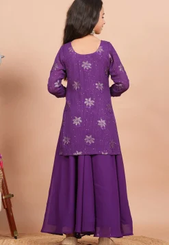 Embroidered Georgette Straight Kurta in Purple