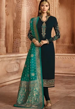 Embroidered Georgette Straight Suit in Dark Teal Blue