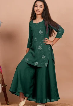 Embroidered Georgette Straight Kurta set in Dark Green