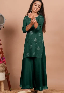 Embroidered Georgette Straight Kurta set in Dark Green