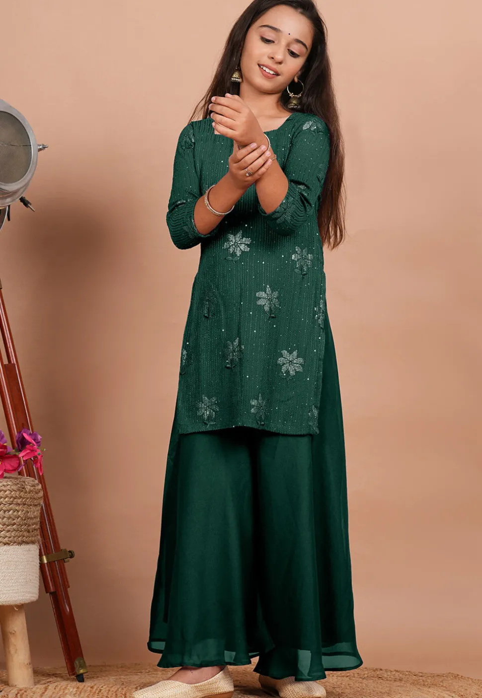 Embroidered Georgette Straight Kurta set in Dark Green