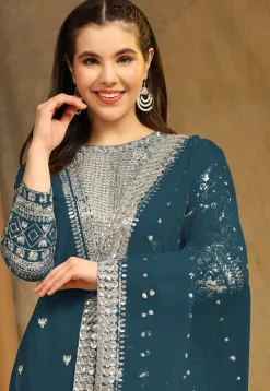 Embroidered Georgette Straight Suit in Teal Blue